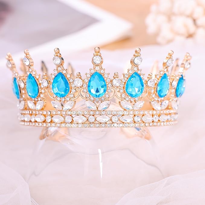 Blue Queen Crown for Women Crystal Tiara for Girl Rhinestone Wedding Headband for Bride Hair Accessories for Costume Birthday Party Prom Gifts