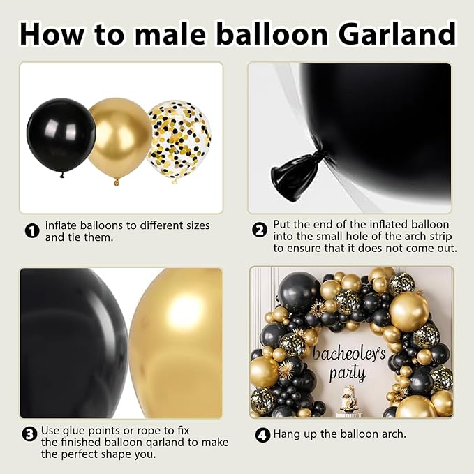 Black and Gold Balloon Arch Kit, 144pcs Black and Gold Balloons Metallic Gold Confetti Balloons Different Sizes 18/12/10/5in for Birthday Wedding New years Graduation Masquerade Party Decorations
