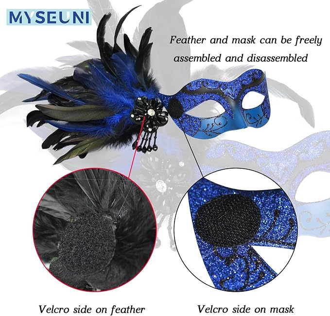 2025 New Blue and Black Masquerade Mask for Women with Feathers - Womens Mascarade Venetian Mask for Masquerade Party, Mardi Gras, Halloween Cosplay Prom, Christmas