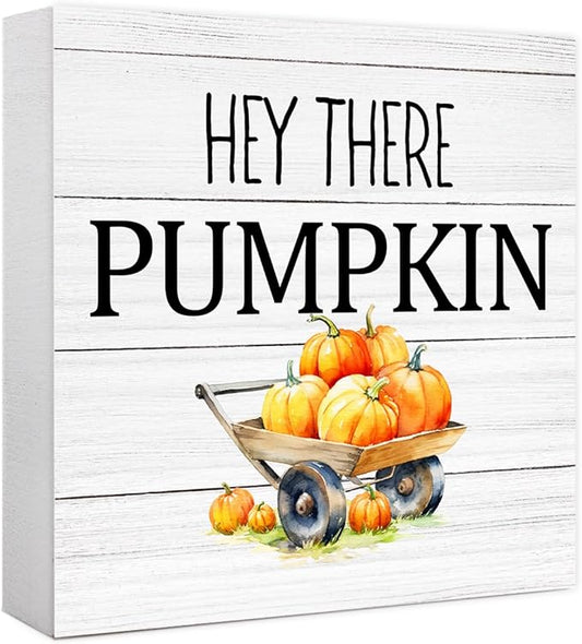 Funny Autumn Wood Box Sign Hey There Pumpkins Wooden Block Desk Decor for Home Office Kitchen Cubicle Table Shelf Tabletop,Farmhouse Fall Sign Decor