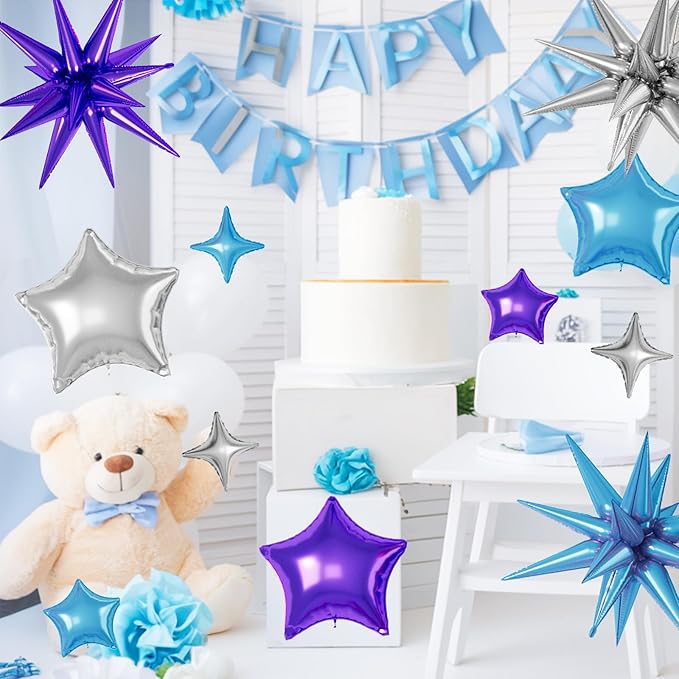 16 Pcs Blue Purple Silver Star Balloons, 22/18/10 Inch Foil Balloons, Four-Pointed Balloon for Boy Men Birthday Graduation Wedding Baby Shower Galaxy Space Party Decorations