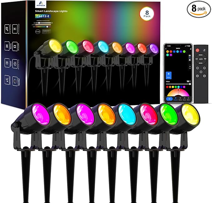 APPECK Landscape Lighting, RGBW Color Changing Low Voltage Landscape Lights with APP Control, IP65 Waterproof Outdoor Spotlights for Garden Yard Outside Decoration, 8 Pack