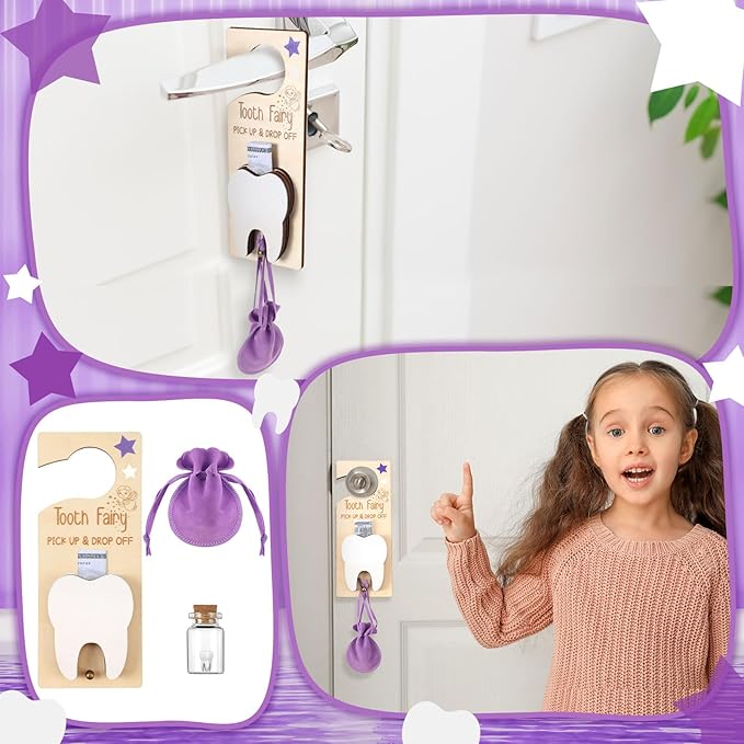 Tooth Fairy Holder Bag Hanger with Money Slot Keepsake Bottle Velvet Pouch Tooth Fairy Box Encourage Gift for Lost Teeth Boy Girl Milk(Classic,Purple)