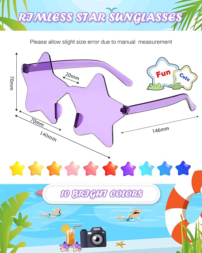 40 Pairs Rimless Star Sunglasses Bulk Wholesale Transparent Candy Color Star Glasses for Women Men Party Favors