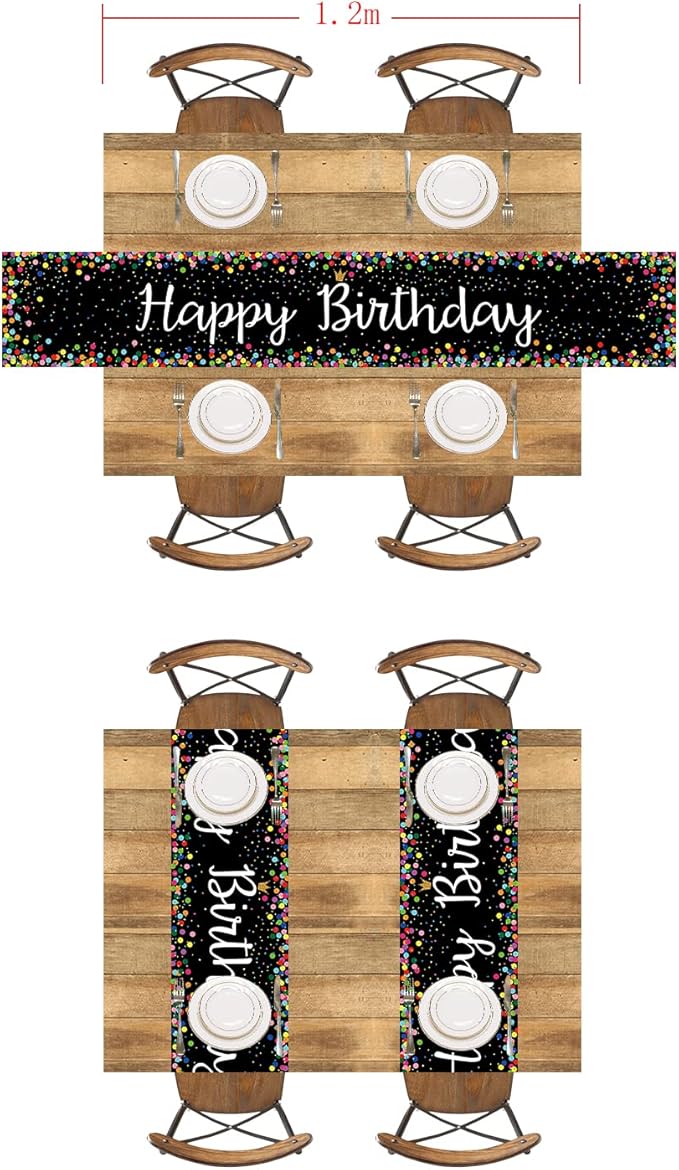 Letjolt Happy Birthday Table Runner 72 Inches Birthday Centerpieces for Tables Birth Day Party Sign Polka Dots Table Decoration, Black