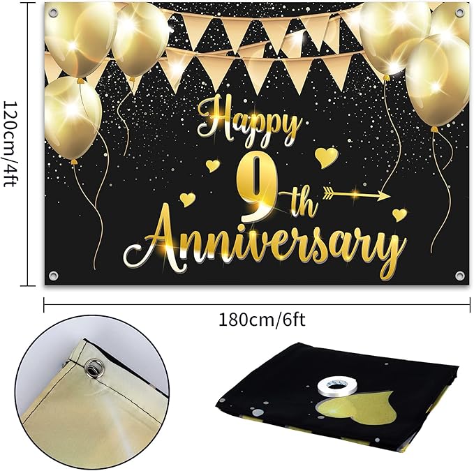 HAMIGAR 6x4ft Happy 9th Anniversary Banner Backdrop - 9 Wedding Anniversary Decorations Party Supplies - Black Gold
