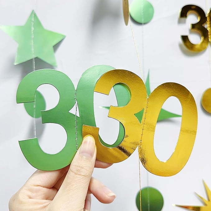 Sage Green Gold 30th Birthday Decorations Number 30 Circle Dot Twinkle Star Garland Streamer Banner Backdrop for Womens Cheers to 30 Years Old Dirty Thirty Happy 30th Anniversary Party Supplies