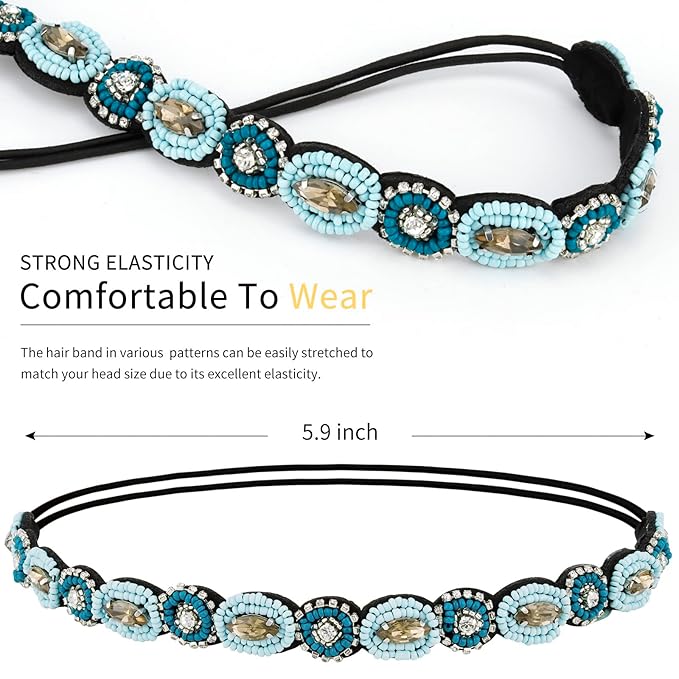 AMCAMI 5Pcs Rhinestone Beaded Headband Crystal Hairbands for Women in 5 Different Patterns - Elastic Headbands for Girls - Vintage Hair Accessories for Party Daily Wear