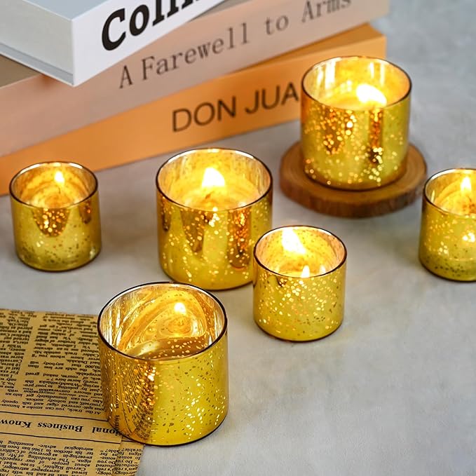 12-Piece Gold Candle Holders, Speckled Mercury Gold Votive Candle Holders, Two Models, Suitable for Wedding Table Centerpieces, Party Decorations and Home Decor