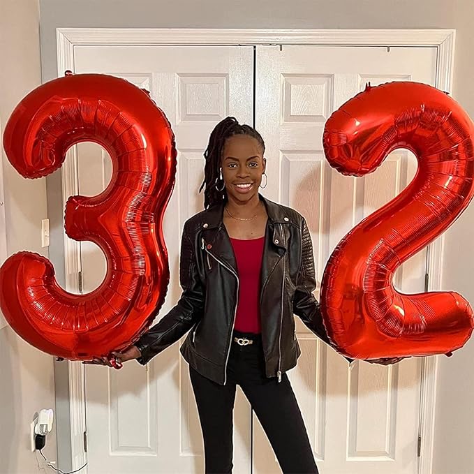 Red Number Balloons, 40 inch Large Number 3 Foil Mylar Helium Balloons for Girls Women, Self Inflating Number Balloons 0-9 for Men Boys 13th 30th Birthday Anniversary Party Celebration Decoration