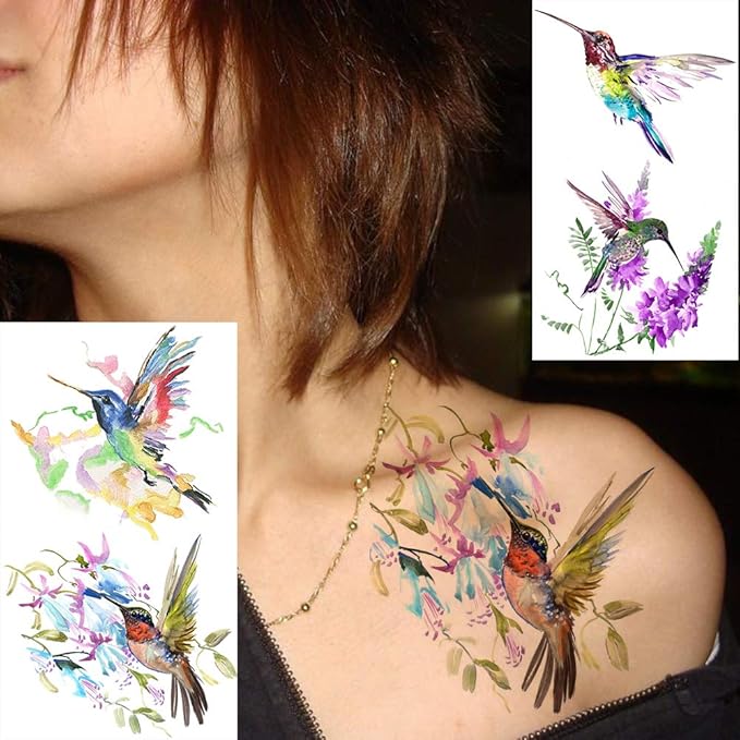 15 Sheets FANRUI 3D Watercolor Hummingbird Temporary Tattoos For Women Girl Small Multicolor Hummer Birds Tattoo Temporary Colorful Flower Fake Face Tatoo Kids Tiny Hands Waterproof Tatto Adult Tato