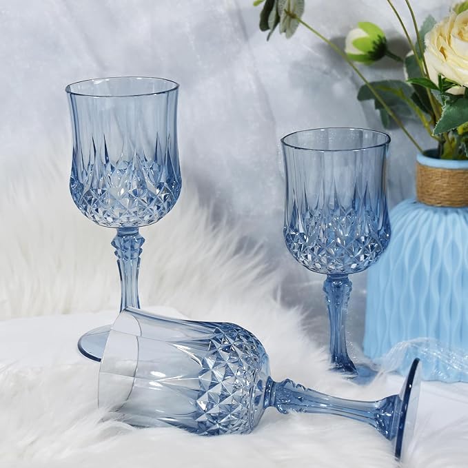 48 Pcs 7 Oz Plastic Goblets for Parties, Blue Plastic Wine Glasses Vintage Champagne Whiskey Crystal Water Goblets for Home, Office, Bars, Wedding, Ribbed (48, Ocean Blue)