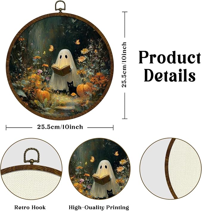 Funny Halloween Ghost and Black Cat Round Wall Art,Gothic Canvas Wall Hanging Decor, Spooky Farmhouse Vintage Round Wall Art for Bedroom Living Room Entryway, Rustic Ghost Gothic Wall Decor,Gift for Halloween 10Inch (Dark-Ghost03)