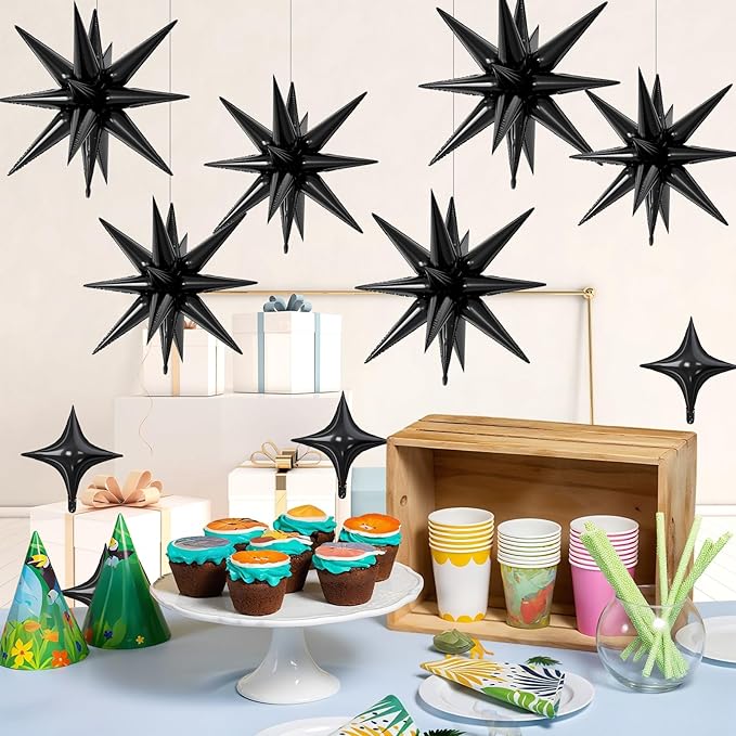 18 Pcs Black Star Balloons, Black Balloon with 6 Pcs 22-Inch Explosion Star Balloons 12Pcs 10-Inch Four Pointed Stars Foil Balloon for Anniversary Retirement Disco Birthday Party Decorations