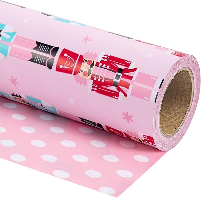 WRAPAHOLIC 30 Inch Jumbo Reversible Nutcracker Christmas Wrapping Paper - 30 Inch x 100 Feet Jumbo Roll Pink Nutcracker Wrapping Paper and Polke Dot Design for Christmas, Holiday, Party Celebration
