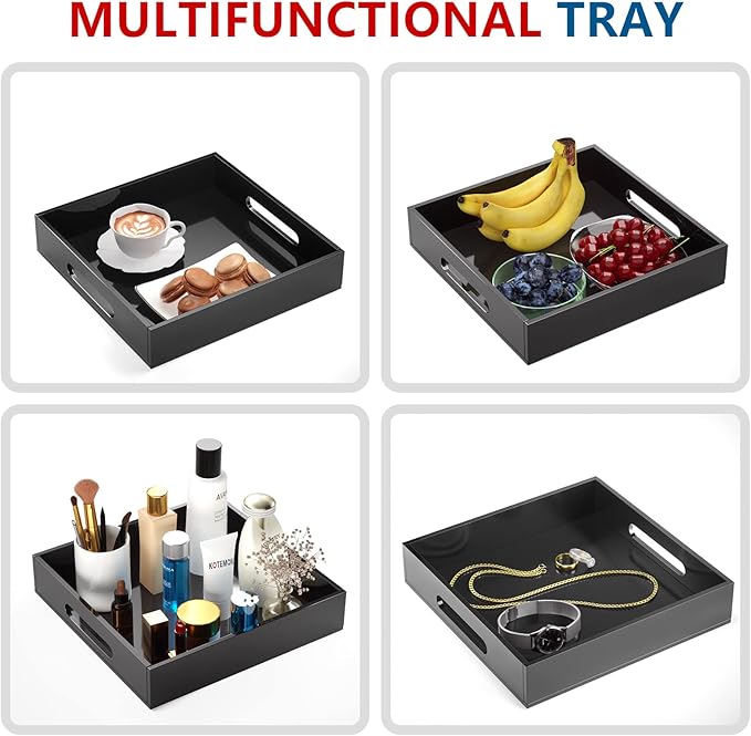 Acrylic Serving Tray with Handles-12x12x2.36Inch-Decorative Tray Letter Tray Organizer for Ottoman Coffee Table Countertop, Black
