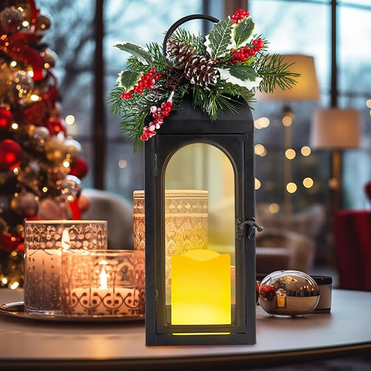 Christmas Lanterns Decorative Indoor, Christmas Lantern Outdoor with Timer, 16 Inch Decorative Candle Lanterns Flameless Light with Floral and Greenery for Table Centerpieces,Home, Porch Decor
