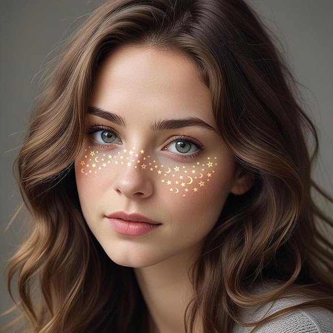 12 Pcs Gold Face Temporary Tattoo Sticker, Glitter Metallic Freckle Face Tattoo Stickers, Glitter Freckles, Sparkle Makeup Patches Face Tattoo for Women Girls Party Decor 655