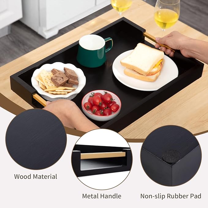 PRESTIGE Non Slip Black and Gold Serving Tray with Cup Mats and Grippers, Wood Serving Tray with Metal Handles, Food Drinks Tray for Coffee Table, Breakfast, Dinner & Bar, Rustic Decorative Storage