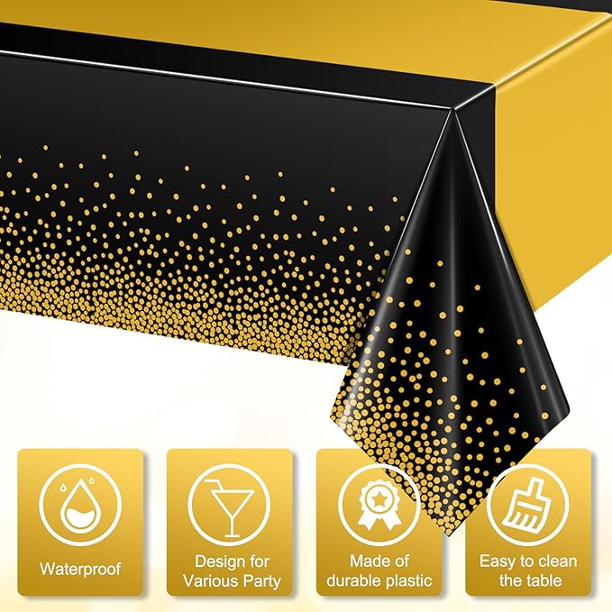6Pcs Black and Gold Tablecloth Party Decorations,Plastic Black Table Cloth Printed Gold Table Runner Disposable Rectangle Table Cover for Birthday Retirement Anniversary Graduation Party,54 x108 Inch