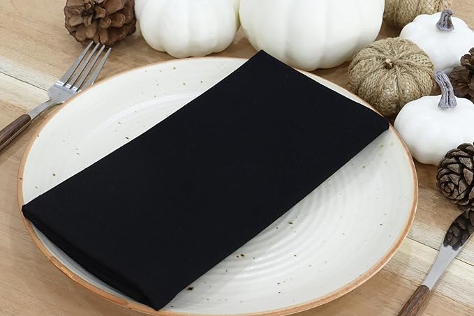 PurpleEssences Set of 12 Cloth Dinner Napkins 100% Cotton 18x18 Inch - Soft Durable Washable - Ideal for Farmhouse Party Christmas Holiday Winter - Perfect Everyday Use Table Linen - Black