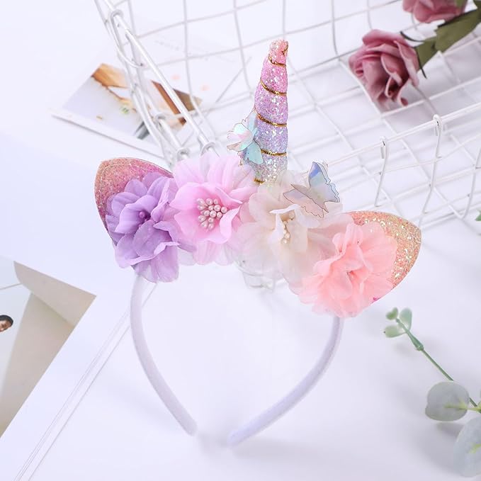 Unicorn Headband for Women - Flower Glitter Horn with Butterfly & Ears Headband, Magical Blossom Hair Accessory for Birthday Party Hair Decoration,Halloween Christmas Cosplay Hairband