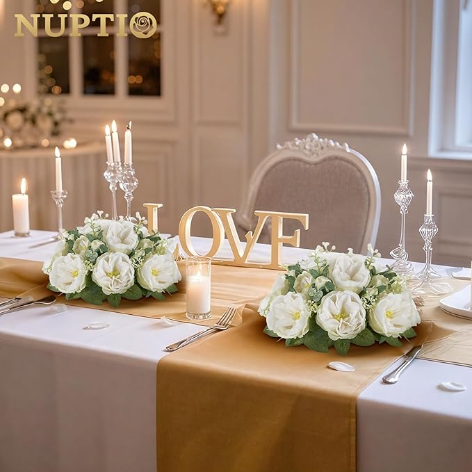 NUPTIO Artificial Flowers Ball Centerpieces: 2 Pcs 9.8 Inch Diameter Fake Kissing Rose Floral Balls for Wedding Party Bridal Shower Valentine Home - White Bouquet Arrangement Decorations for Table