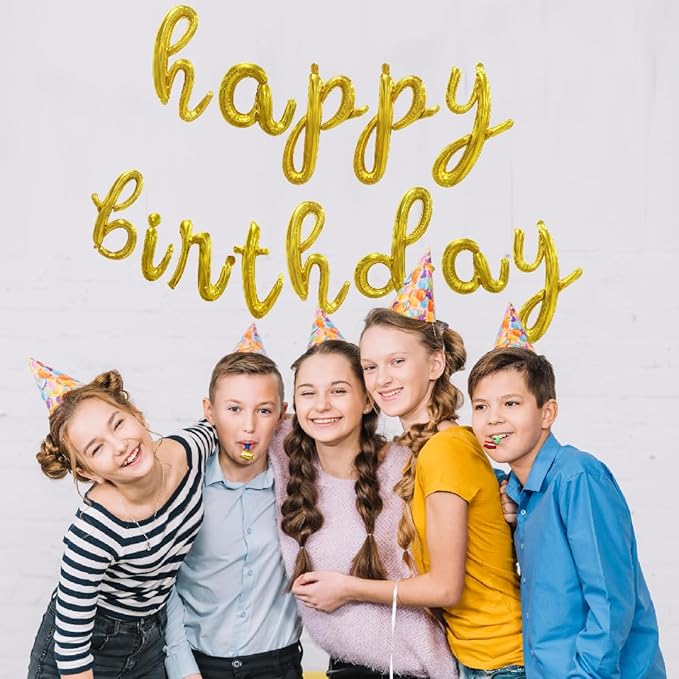 BALLOON VIBE Happy Birthday Balloon Banner - Script/Cursive Gold Mylar Foil Letters Banner for Birthday Decor - Balloons Letters Sign with 4 Straws & Ribbon Roll