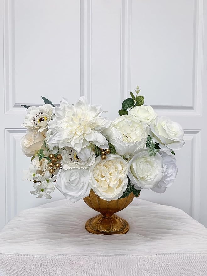 White Rose Artificial Flowers Fake Flower Bulk with Stems for DIY Wedding Bouquet Bridal Baby Shower Centerpiece Table Decorations Silk Faux Floral Arrangements for Party Home Decor Indoor