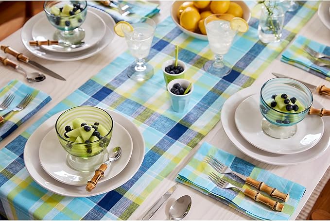 Solino Home Blue Linen Table Runner 48 inch - 100% Pure Linen Summer Madras Plaid Table Runner 14 x 48 Inch - Handcrafted and Machine Washable