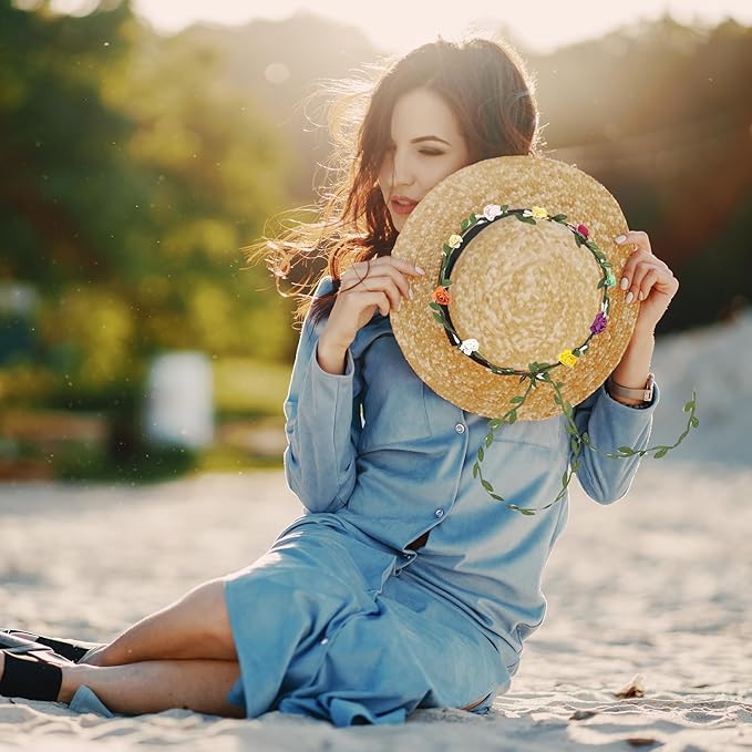 30 PCs Assorted Colored Flower Crown Wreath Headbands, Floral Garland Headband with Green Leaves for Wedding Holiday Festival Fairy Party