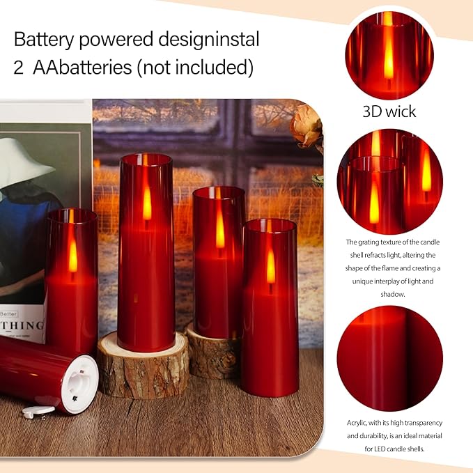 Flickering Flameless Candles,Battery Operated, Flameless Candles with Remote, 2/4/6/8 Hour Timer, Realistic Jumping Flame Effect, Perfect for Home Decor, Holiday Decoration Pcs 9 (Red)
