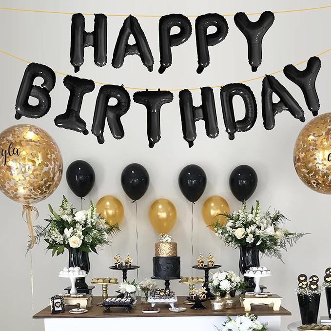 LIOZEOKUN Happy Birthday Balloon Letters 16 inch Mylar Foil Birthday Balloons Banner Sign for Birthday Party Decorations Supplies (Black)