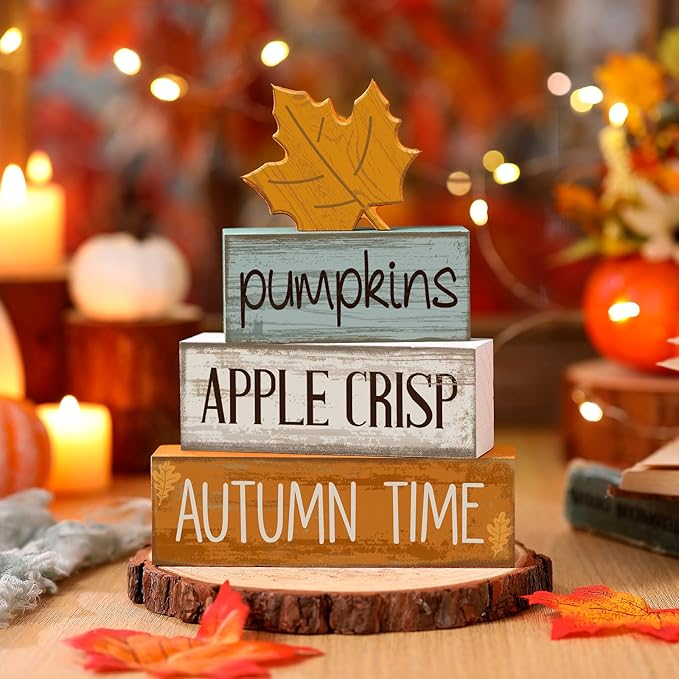 4 Pcs Thanksgiving Decoration for Home Wooden Maple Leaf Fall Tiered Tray Decor Thanksgiving Centerpiece Rustic Decorative Maple Leaf Block Signs Gift Farmhouse Autumn Decoration for Home