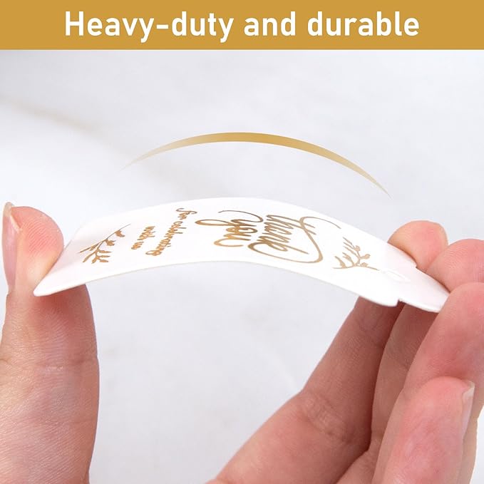 SallyFashion 100PCS Gold Stamp Gift Tags with Strings - White Paper Tags Hanging Labels for Wedding, Bridal Party, Baby Shower, Invitation, Thanksgiving
