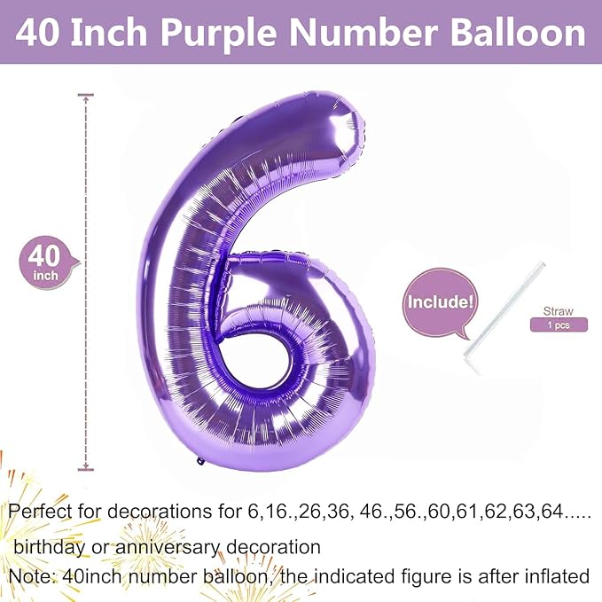 Purple Number Balloons, 40 Inch Purple Balloon 6.6 Helium Balloon 6th Birthday for 6 Years Birthday Decoration Children Girls Boys