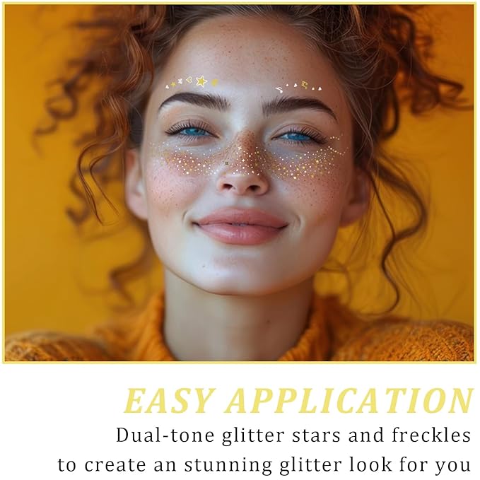 20 Pcs Gold and Silver Face Makeup Patches, Gold and Silver Glitter Freckles Face Tattoos, Sparkle Makeup Patches, Waterproof Face Temporary Tattoos for Women
