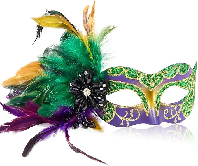 2025 New Mardi Gras Masks for Women with Feathers - Womens Mascarade Venetian Mask for Masquerade Party, Mardi Gras, Halloween Cosplay Prom, Christmas