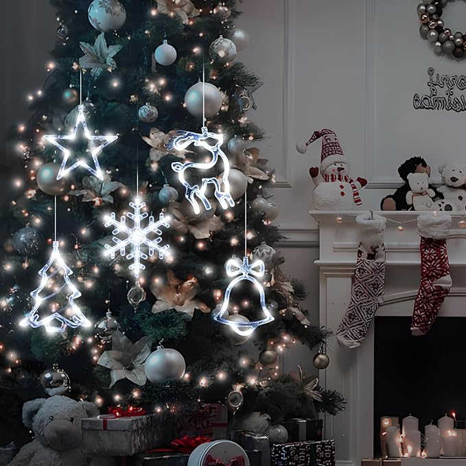 5Pack Christmas Window Lights Decorations with Timer,Battery Powered Christmas Hanging White Lighted Snowflake Tree Star Deer Bells Shaped LED Sucker for Xmas Fireplace Window Indoor Decor