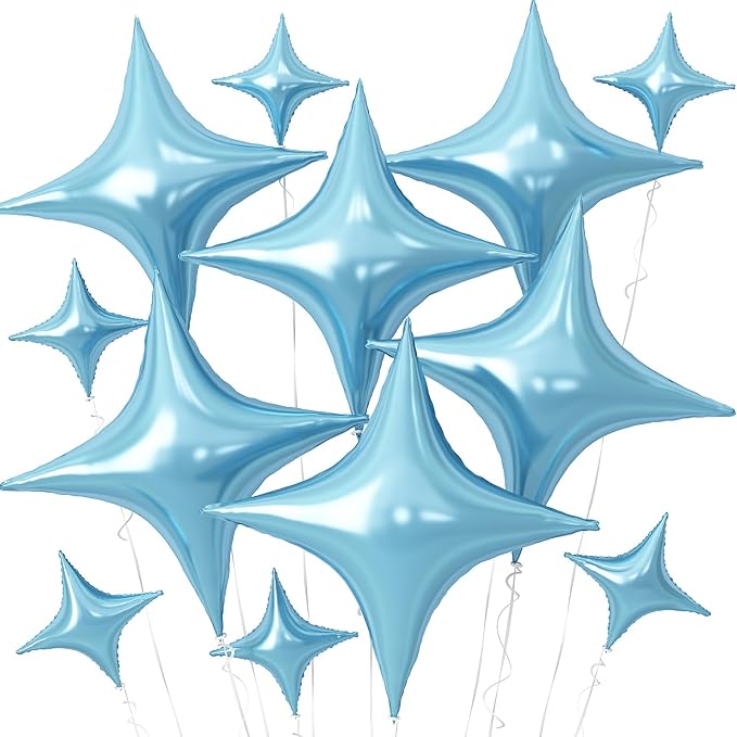 Blue Star Balloons,12Pcs Four Angle Star Foil Balloons,26Inch and 10Inch Light Blue Quadrangle Helium Balloon for Birthday Anniversary Baby Shower Wedding Party Decorations