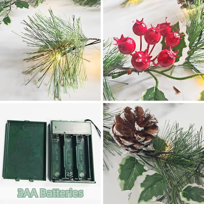 Smokey Pine Garland, Battery Operated Garland with Lights, 6FT Prelit Christmas Garland with Timer, Lighted Holly for Stairs Railing Mantle Fireplace Party Holiday