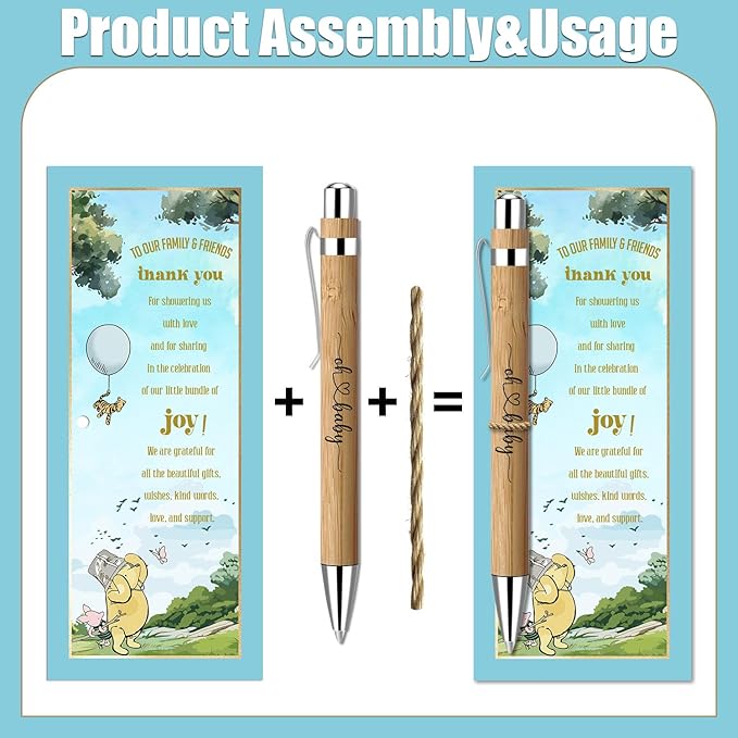 Toerifer Winnie Baby Shower Set, 30 Pcs Thank You Gifts, Bamboo Pens, Greeting Cards, Gender Reveal Souvenirs
