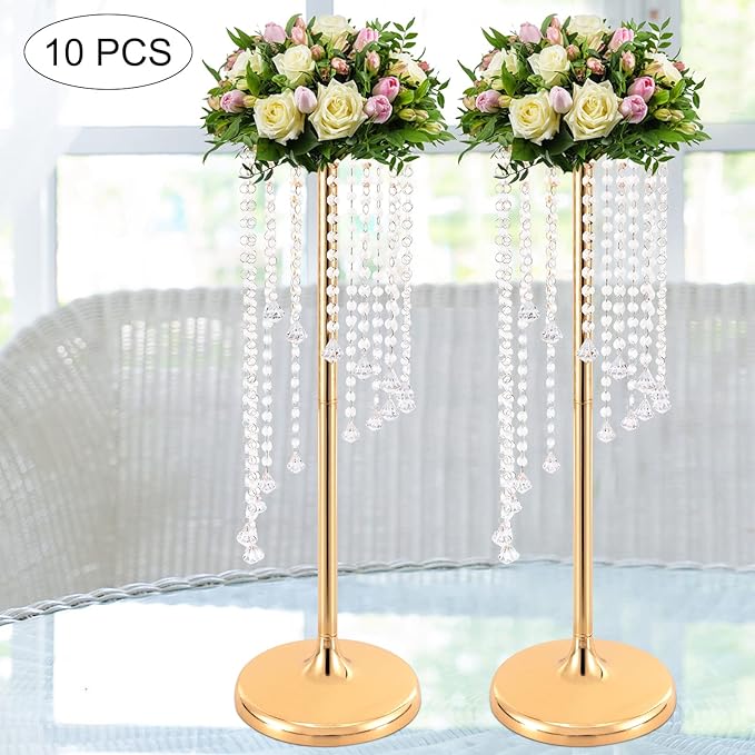 Wedding Centerpieces Gold Vases,10PCS Metal Flower Candle Holder with Sparkling Crystal Beads,Crystal Flower Vase Metal Flowers Stand for Party Tables Decorations (27.5in Gold-1)