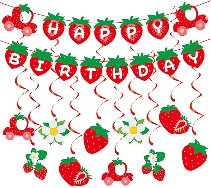 Strawberry Berry First Birthday Party-Decorations - 12pcs Baby Girl Happy Banner,1st Flowers Streamers Garland,Sweet One Swirl,Red Home Wall Backdrop Decor Supplies Burgleda