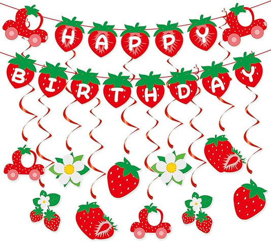Strawberry Berry First Birthday Party-Decorations - 12pcs Baby Girl Happy Banner,1st Flowers Streamers Garland,Sweet One Swirl,Red Home Wall Backdrop Decor Supplies Burgleda