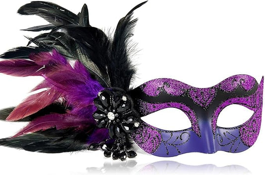 2025 New Masquerade Masks for Women Purple - Mardi Gras Mask for Women with Feathers - Womens Mascarade Venetian Mask for Masquerade Party, Halloween Ball, Cosplay Prom, Christmas
