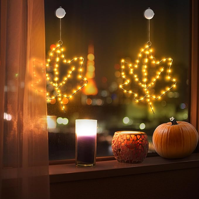 BlcTec Thanksgiving Decorations for Home 2 Pack 10Inch Maple Leaves Thanksgiving Window Lights with Suction Cups, Timer, Battery Operated Metal Frame Window Lights for Thanksgiving Decorations, Orange