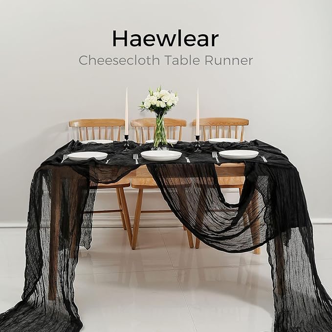10 PCS Pack Black Cheesecloth Table Runner 10ft Boho Gauze Fabric Cheese Cloth Table Runner Comes with 10 Cloth Napkins Runner for Romantic Wedding Birthday Shower Party Table Decoration