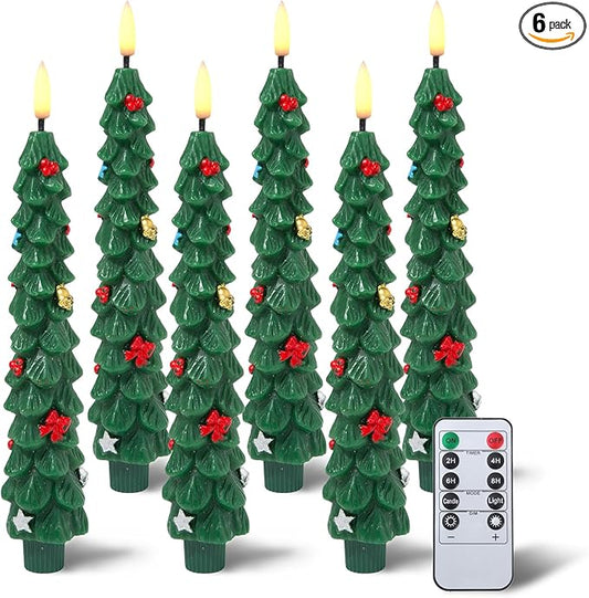 Flameless LED Christmas Tree Candles, 6 Pack – Battery Powered Holiday Lights with Warm Flickering Glow, Safe No-Flame Decor for Mantels, Dinner Parties, Family Gatherings & Gifting