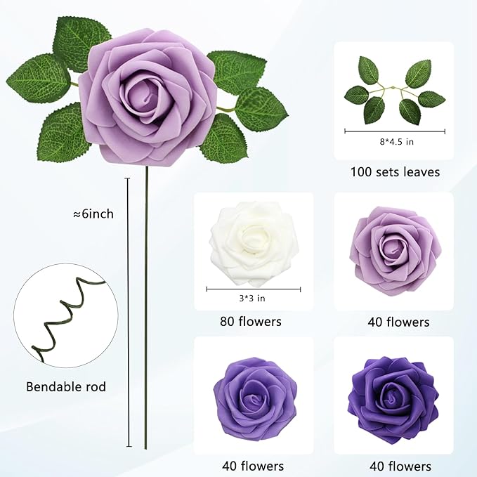 Artificial Flowers Realistic Roses, Real Looking Fake Roses with Stem for DIY Wedding Bouquets Centerpieces Bridal Shower Party Home Romantic Decorations (Shades of Purple, Regular 3" - 200pcs)
